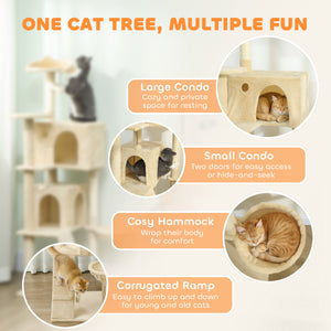 63 Inch Cat Tree with Sisal Scratching Posts, Condos, Plush Perches, Hammock, Ladder, Dangling Balls, Beige – view 3
