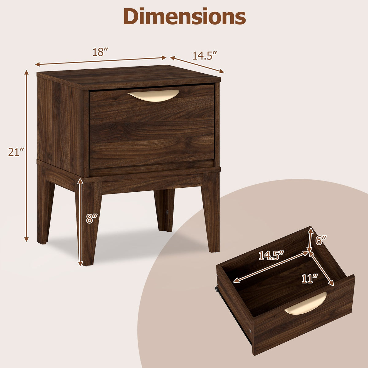 Mid Century Modern Bedside Table with Drawer and Tapered Support Feet for Bedroom-Walnut view 5