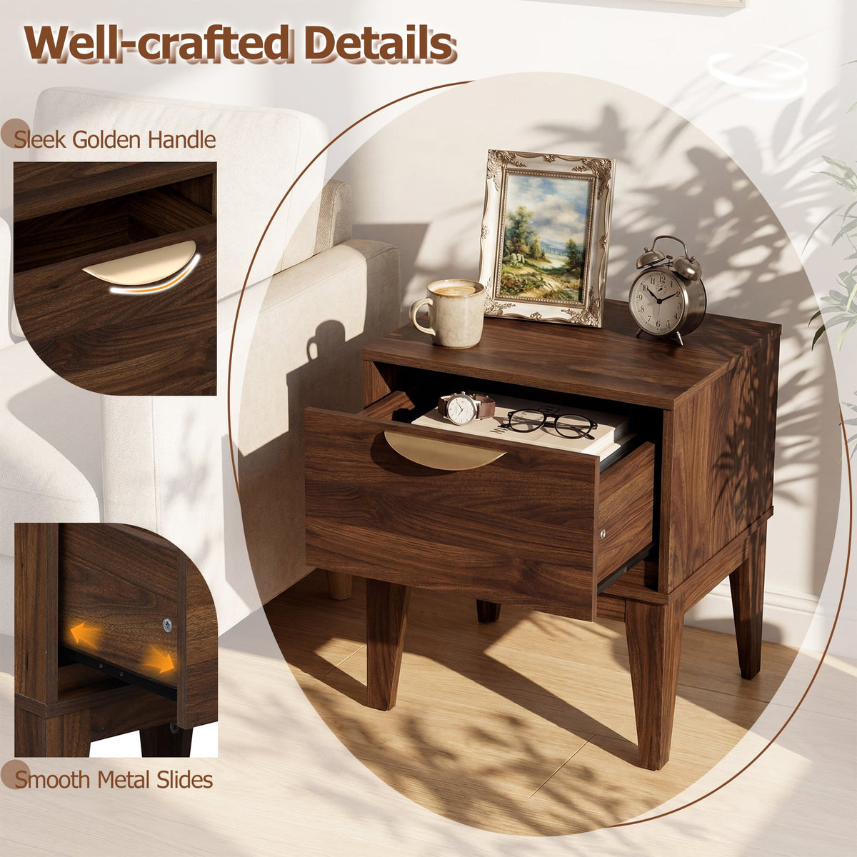 Mid Century Modern Bedside Table with Drawer and Tapered Support Feet for Bedroom-Walnut view 8