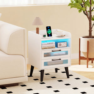Mid Century Modern Nightstand with Charging Station and LED Lights-White view 3