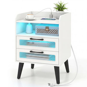 Mid Century Modern Nightstand with Charging Station and LED Lights-White view 4