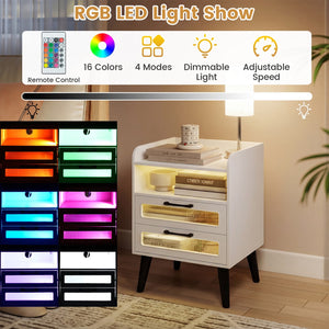 Mid Century Modern Nightstand with Charging Station and LED Lights-White view 6