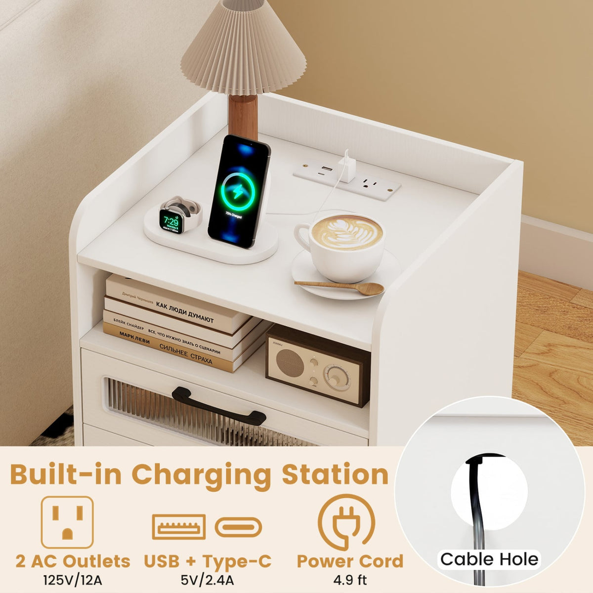 Mid Century Modern Nightstand with Charging Station and LED Lights-White view 7