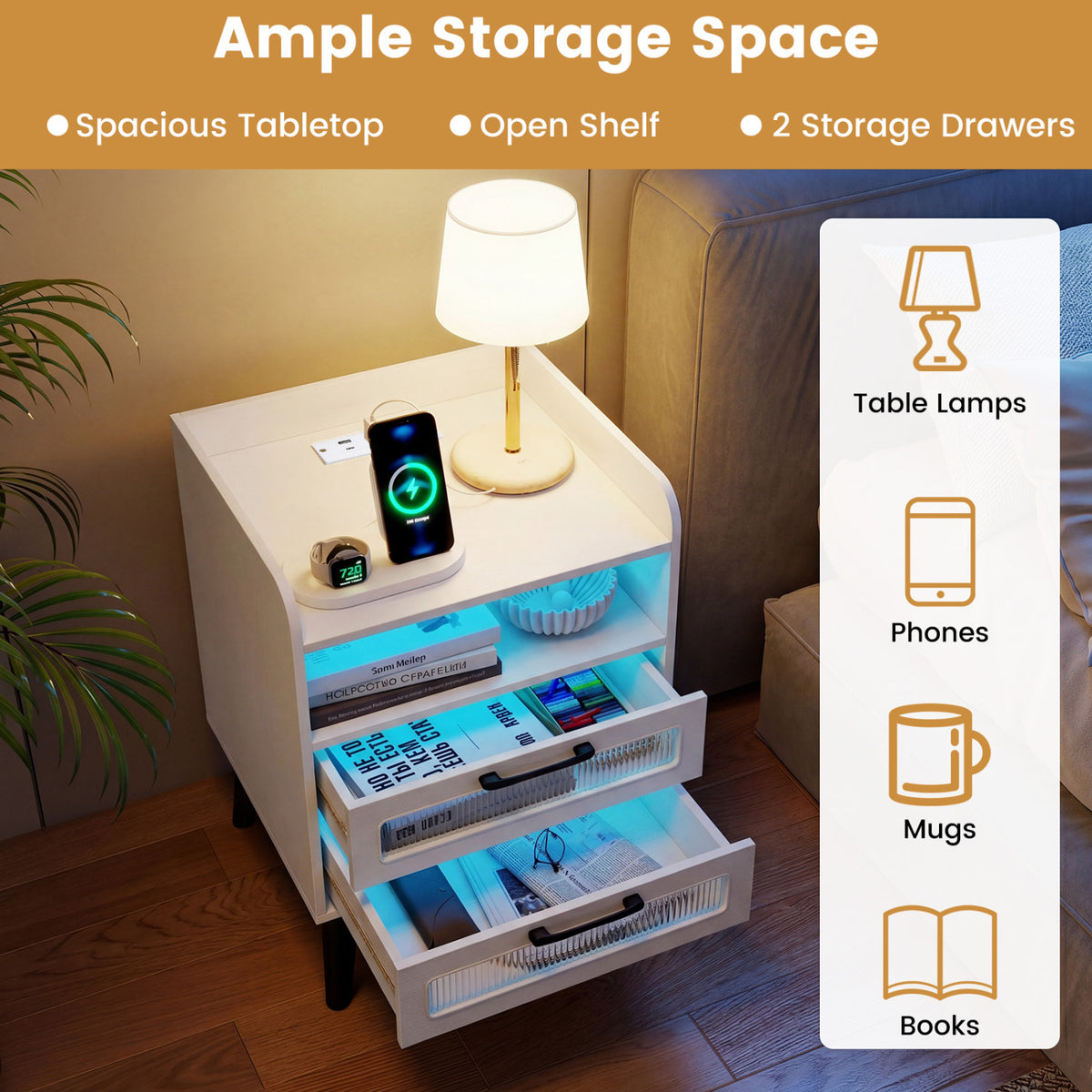 Mid Century Modern Nightstand with Charging Station and LED Lights-White view 8