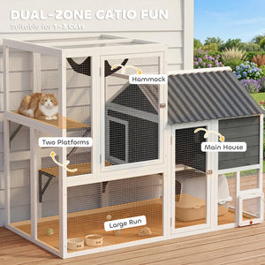 Catio Outdoor Cat Enclosure, 63" L Large Cat House with 4-Way Adjustable Door, Private House, Hammock, 2 Platforms