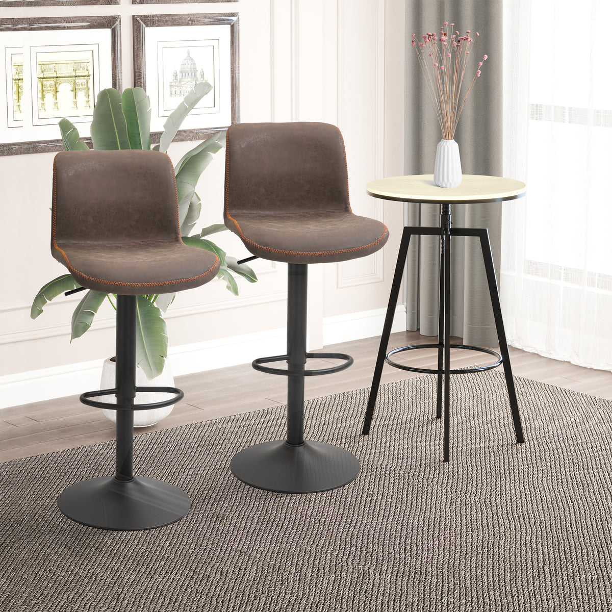 Bar Stools Set of 2, Swivel Counter Height Bar Stools with Adjustable Height and Footrest, PU Leather Upholstered Kitchen Stool for Breakfast Bar, Brown