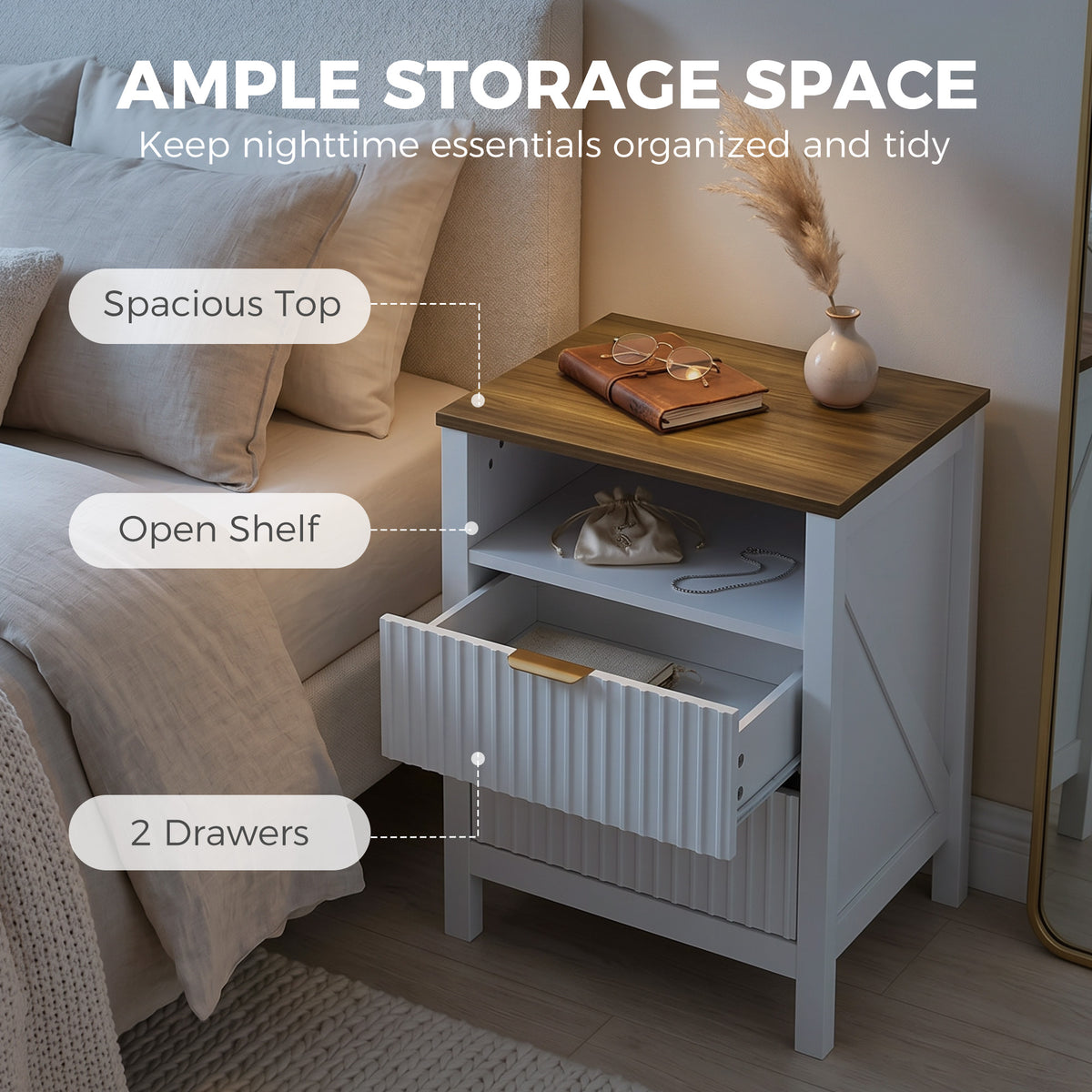 Modern Nightstand with 2 Fluted Drawers, Bedside Table with Open Storage Shelf, Anti-tipping Design, White and Walnut