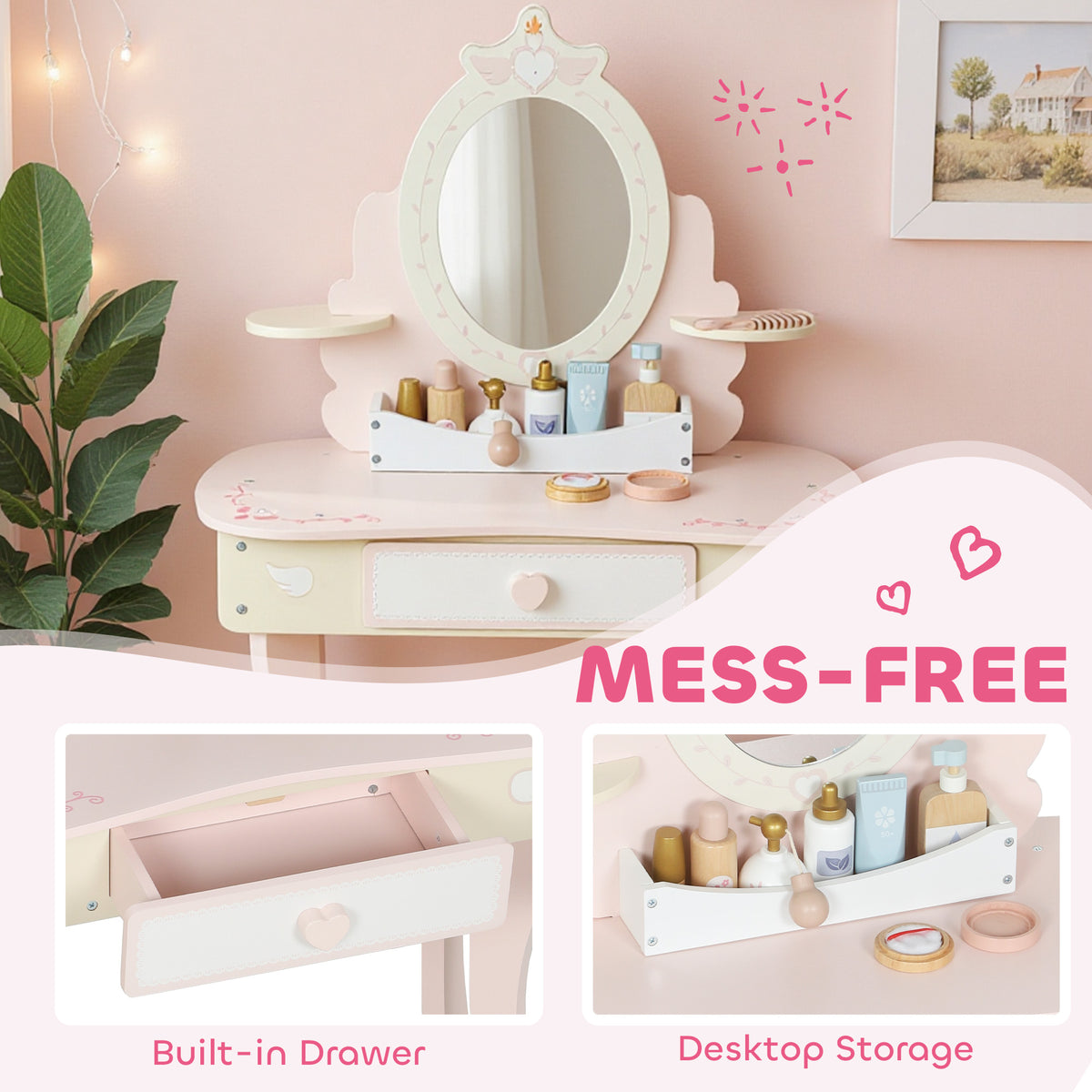 Qaba Kids Vanity Set, Girls Dressing Table with Mirror and Stool, 7 Accessories, Drawers, Desktop Storage, Pink