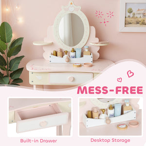 Qaba Kids Vanity Set, Girls Dressing Table with Mirror and Stool, 7 Accessories, Drawers, Desktop Storage, Pink