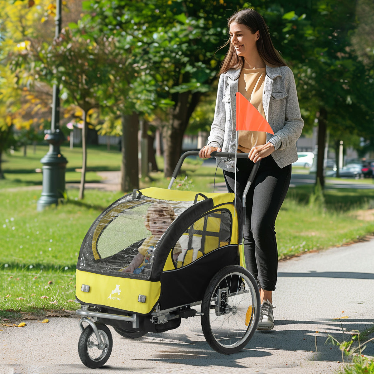 Aosom 2-in-1 Bike Trailer for Kids, Foldable 2-Seat Baby Stroller with 5-Point Harness, Rubber Wheels, Storage Bag