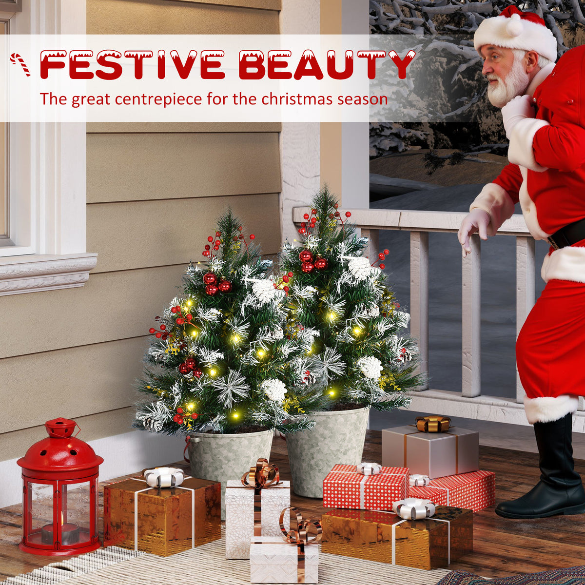 2 Foot/23 inch 2 Pack Prelit Artificial Christmas Tree Cordless with 70 Branches, Warm White LED lights, Red Berries, Pine Cones, Balls, for Outdoor Entryway, Green