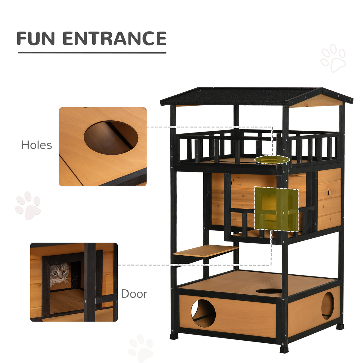 4-Floor Wood Outdoor Cat House Catio for Cats with Condo, Fun Entrances, Perch, Grey – view 11