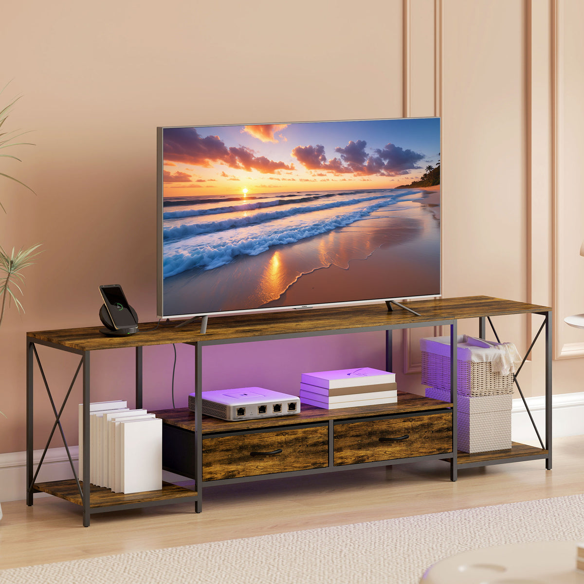 Industrial TV Stand for up to 55 Inch TV, TV Console with Charging Station and RGB LED Lights, Rustic Brown – view 14