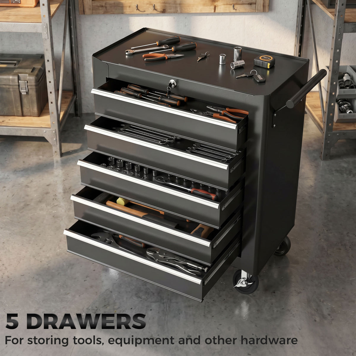 5 Drawer Roller Tool Chest, Lockable Toolbox, Storage Organizer with Handle for Workshop Mechanics Garage – view 10