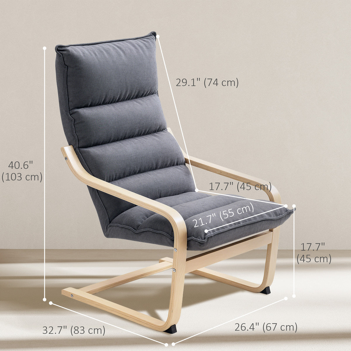Birch Wood Fabric Modern Armchair, Accent Chair with Curved Leg and Arm for Living Room, Cream White – view 9