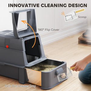 80L XL Stainless Steel Cat Litter Box for Big Cats with Flip Cover, Pull-Out Drawer Tray, High Sided – view 3