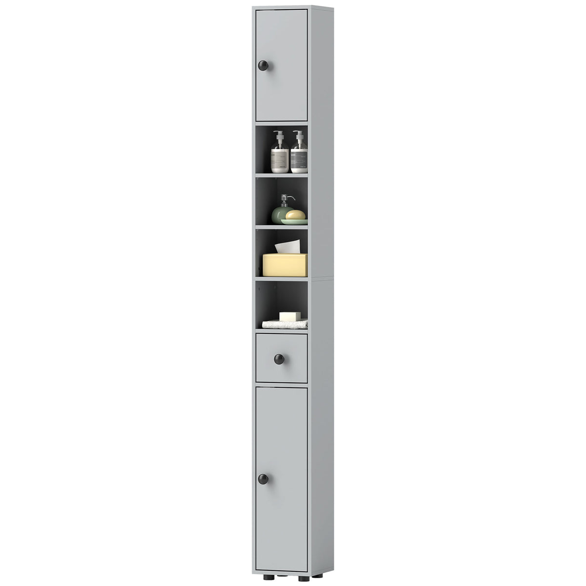 71" Tall Bathroom Cabinet, Narrow Toilet Paper Cabinet with Open Shelves, 2 Door Cabinets, Adjustable Shelves, Black