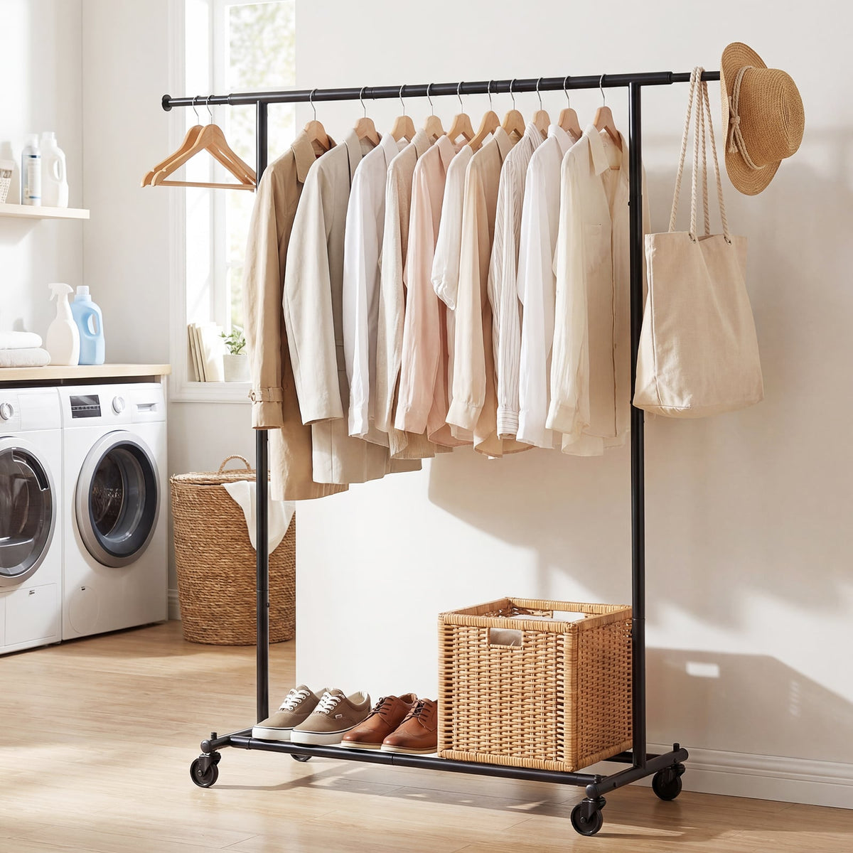 Mobile Garment Rack with Extendable Rods Heavy-Duty Metal Clothes Stand on Wheels view 3