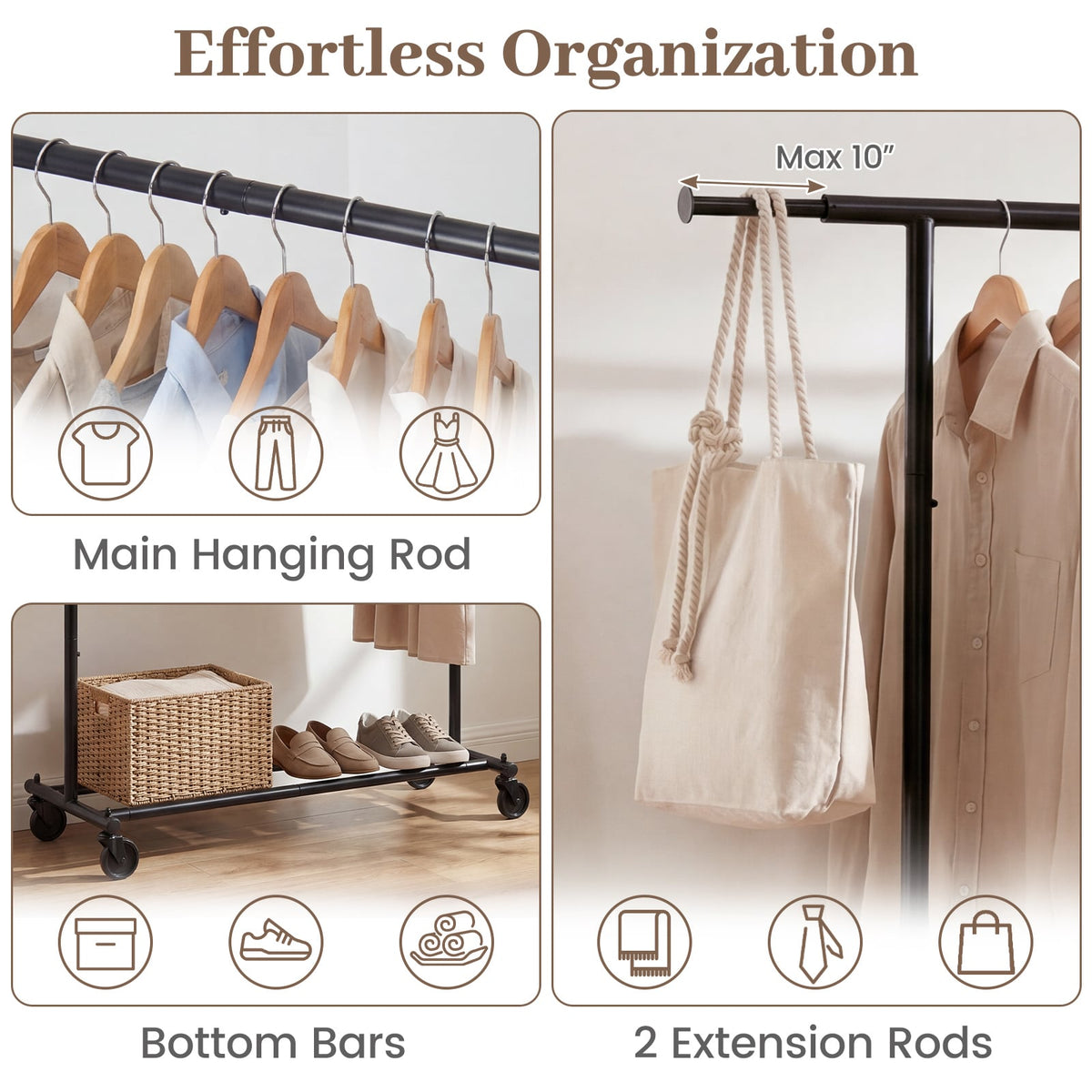 Mobile Garment Rack with Extendable Rods Heavy-Duty Metal Clothes Stand on Wheels view 7
