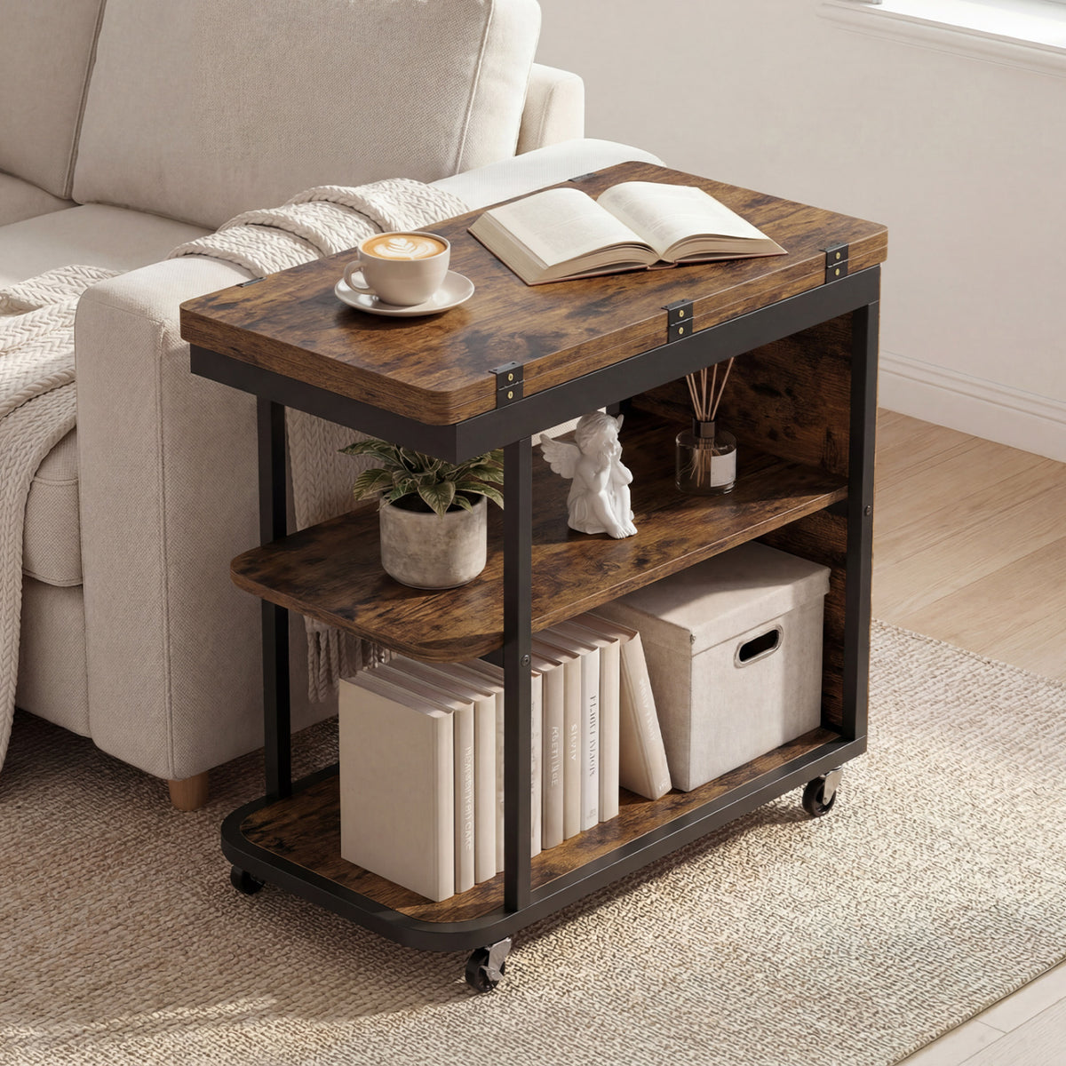 Mobile Night Stand with Foldable Swivel Top and 2-Tier Shelf for Small Spaces-Rustic Brown view 2