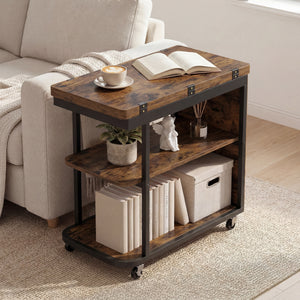 Mobile Night Stand with Foldable Swivel Top and 2-Tier Shelf for Small Spaces-Rustic Brown view 2