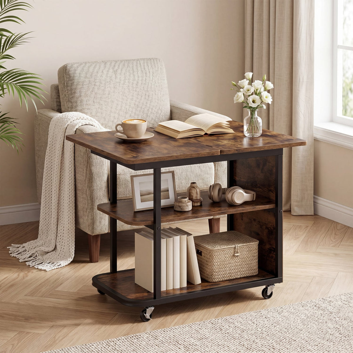 Mobile Night Stand with Foldable Swivel Top and 2-Tier Shelf for Small Spaces-Rustic Brown view 3