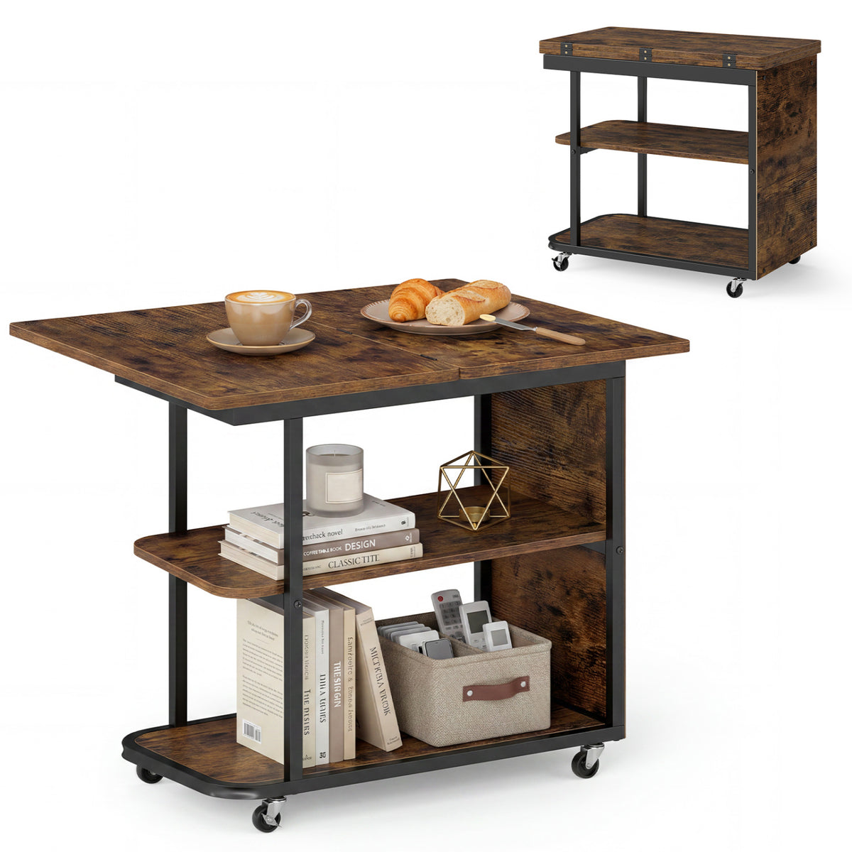Mobile Night Stand with Foldable Swivel Top and 2-Tier Shelf for Small Spaces-Rustic Brown view 4