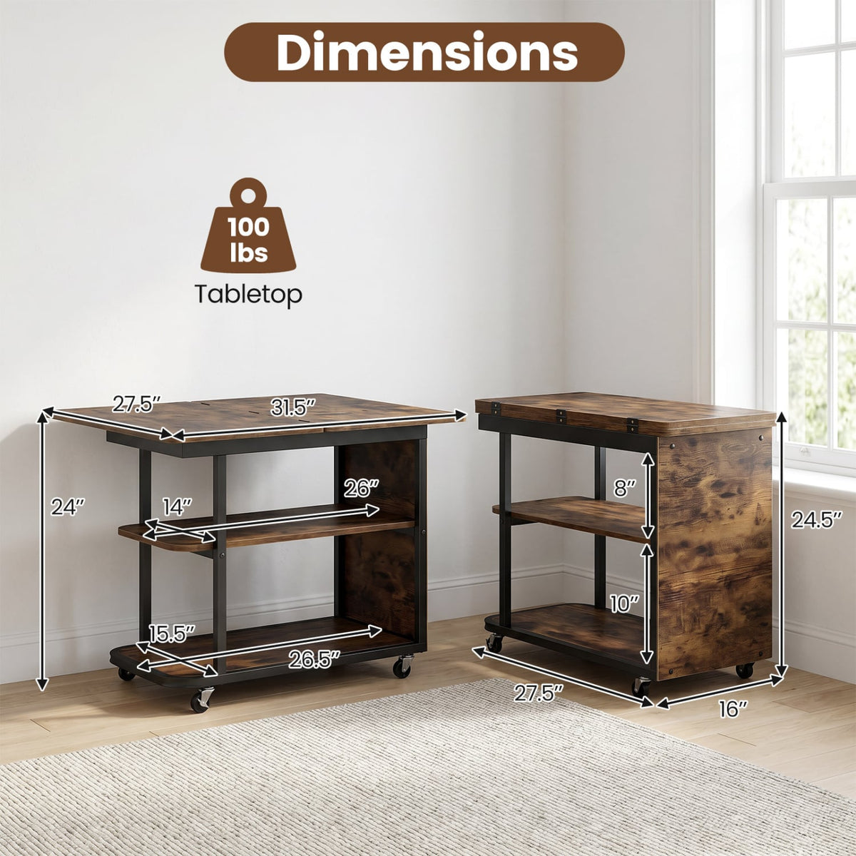 Mobile Night Stand with Foldable Swivel Top and 2-Tier Shelf for Small Spaces-Rustic Brown view 5