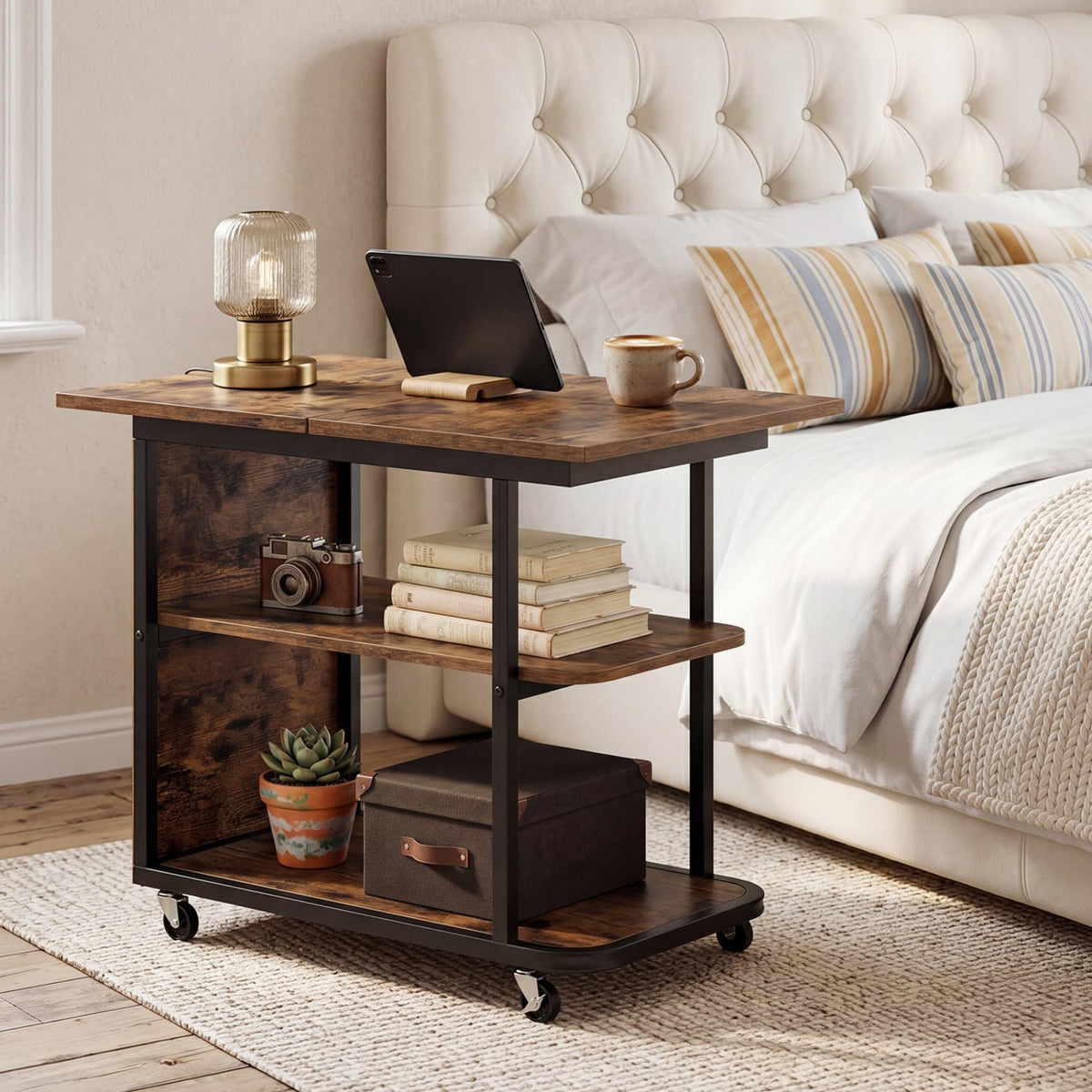 Mobile Night Stand with Foldable Swivel Top and 2-Tier Shelf for Small Spaces-Rustic Brown view 6