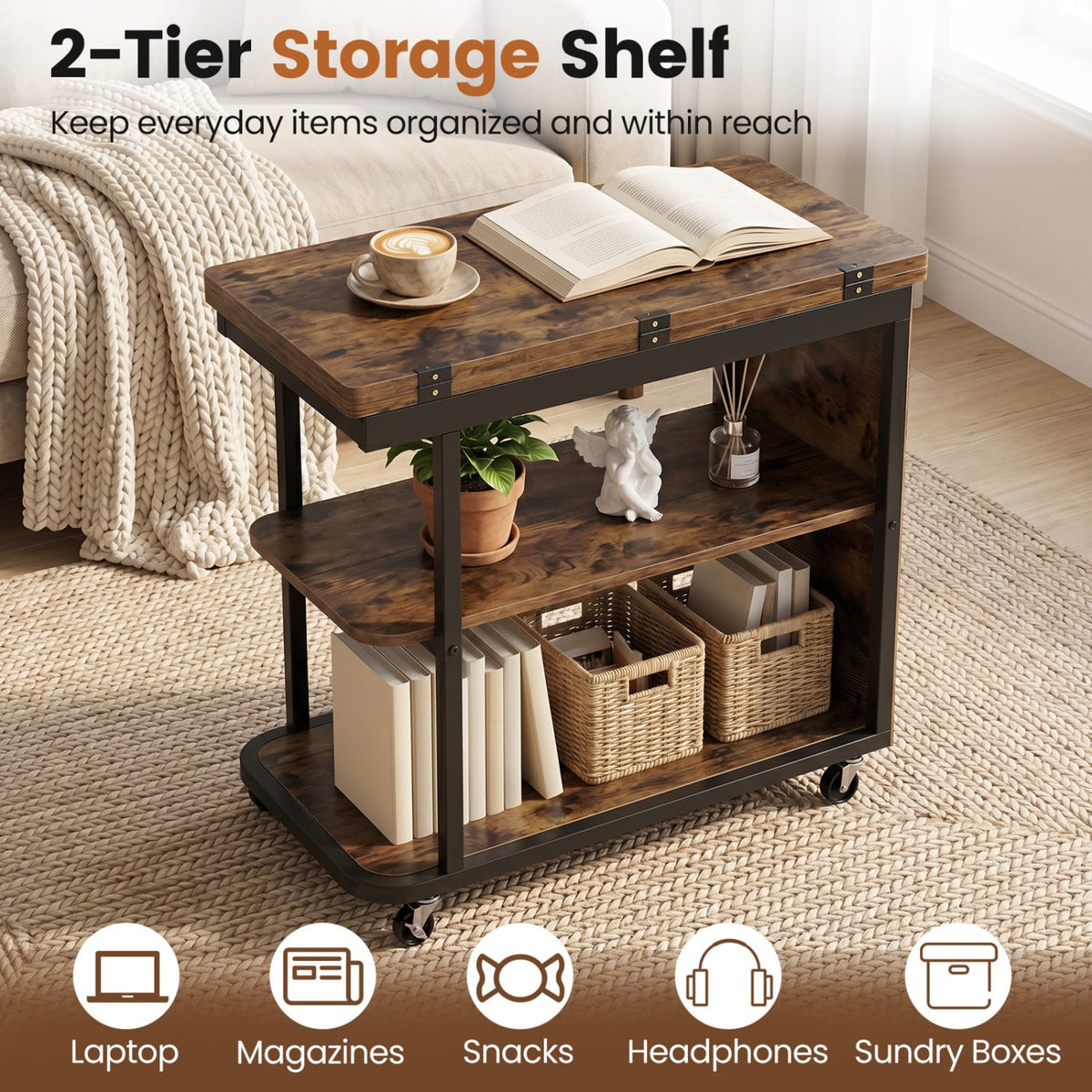 Mobile Night Stand with Foldable Swivel Top and 2-Tier Shelf for Small Spaces-Rustic Brown view 9