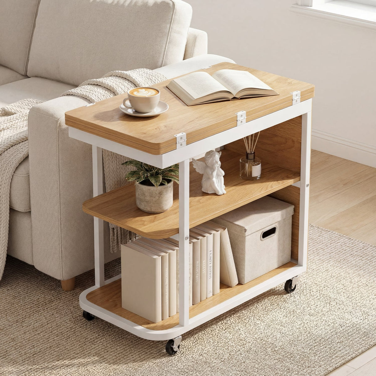 Mobile Night Stand with Foldable Swivel Top and 2-Tier Shelf for Small Spaces-Natural view 2
