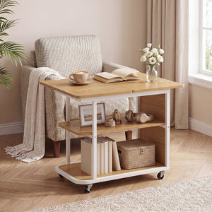 Mobile Night Stand with Foldable Swivel Top and 2-Tier Shelf for Small Spaces-Natural view 3