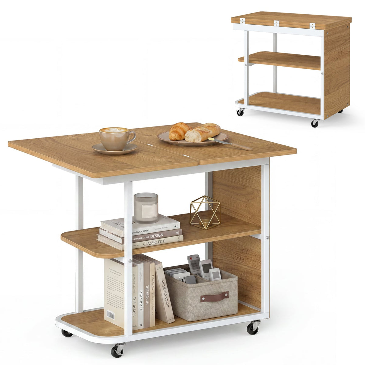 Mobile Night Stand with Foldable Swivel Top and 2-Tier Shelf for Small Spaces-Natural view 4