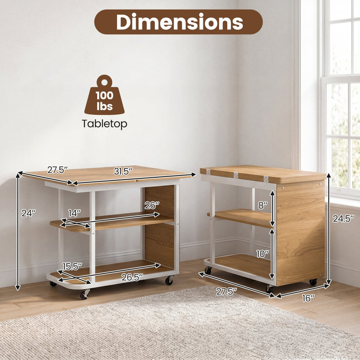 Mobile Night Stand with Foldable Swivel Top and 2-Tier Shelf for Small Spaces-Natural view 5