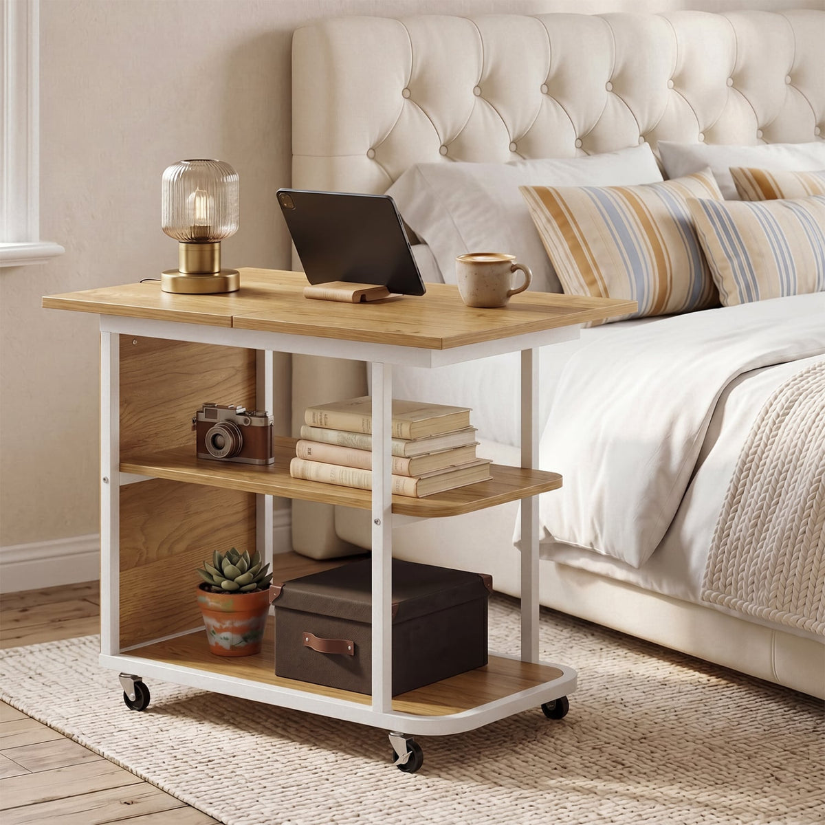 Mobile Night Stand with Foldable Swivel Top and 2-Tier Shelf for Small Spaces-Natural view 6