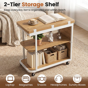 Mobile Night Stand with Foldable Swivel Top and 2-Tier Shelf for Small Spaces-Natural view 8