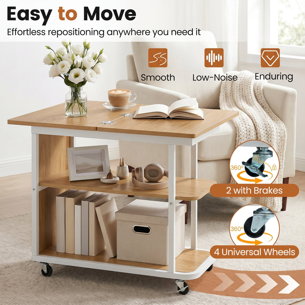 Mobile Night Stand with Foldable Swivel Top and 2-Tier Shelf for Small Spaces-Natural view 9