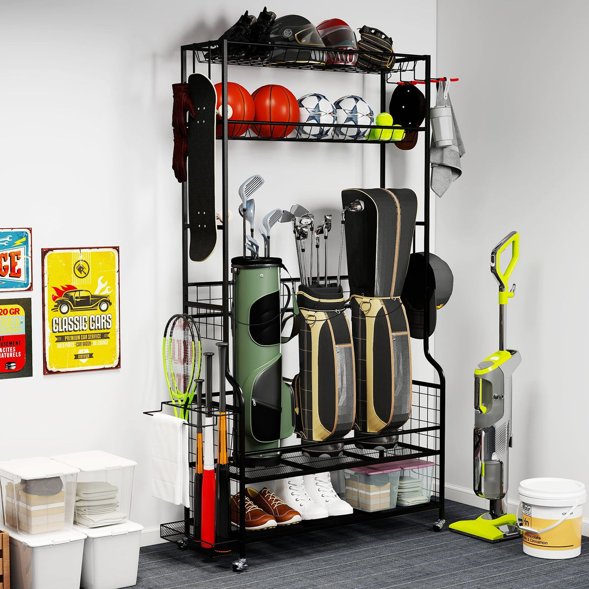 Mobile Sports Equipment Organizer with Golf Bags Storage and Club Rack-Black view 2
