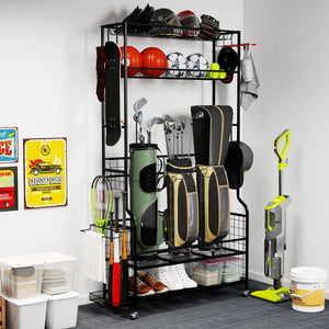 Mobile Sports Equipment Organizer with Golf Bags Storage and Club Rack-Black view 2