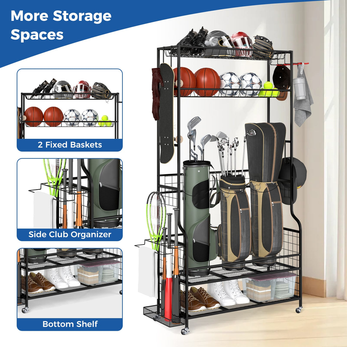 Mobile Sports Equipment Organizer with Golf Bags Storage and Club Rack-Black view 6