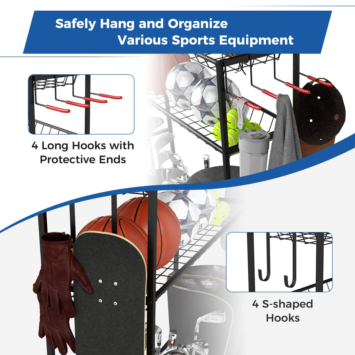 Mobile Sports Equipment Organizer with Golf Bags Storage and Club Rack-Black view 8