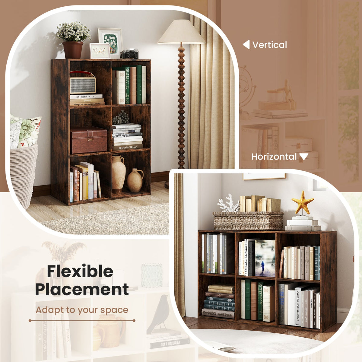 Modern 6-Cube Bookcase with Anti-tipping Kits for Bedroom Living Room-Rustic Brown view 8