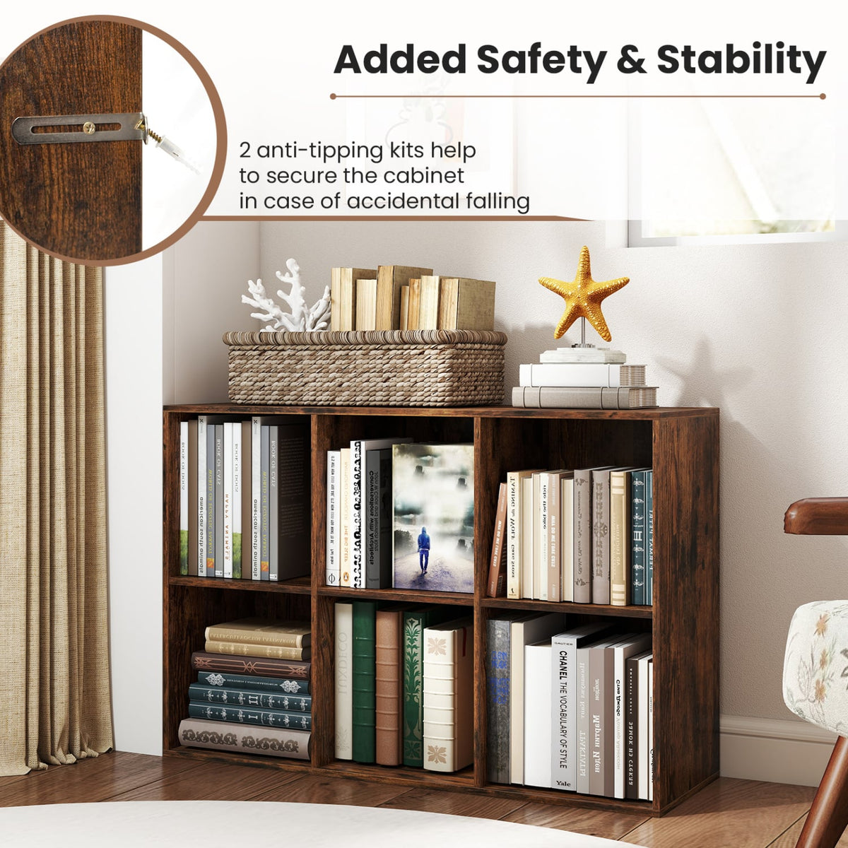 Modern 6-Cube Bookcase with Anti-tipping Kits for Bedroom Living Room-Rustic Brown view 9