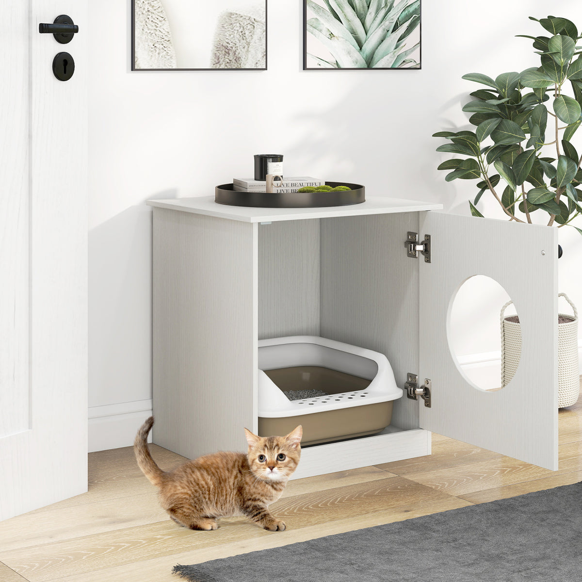 Modern Cat Litter Box Enclosure for Small to Large Cats-White view 3