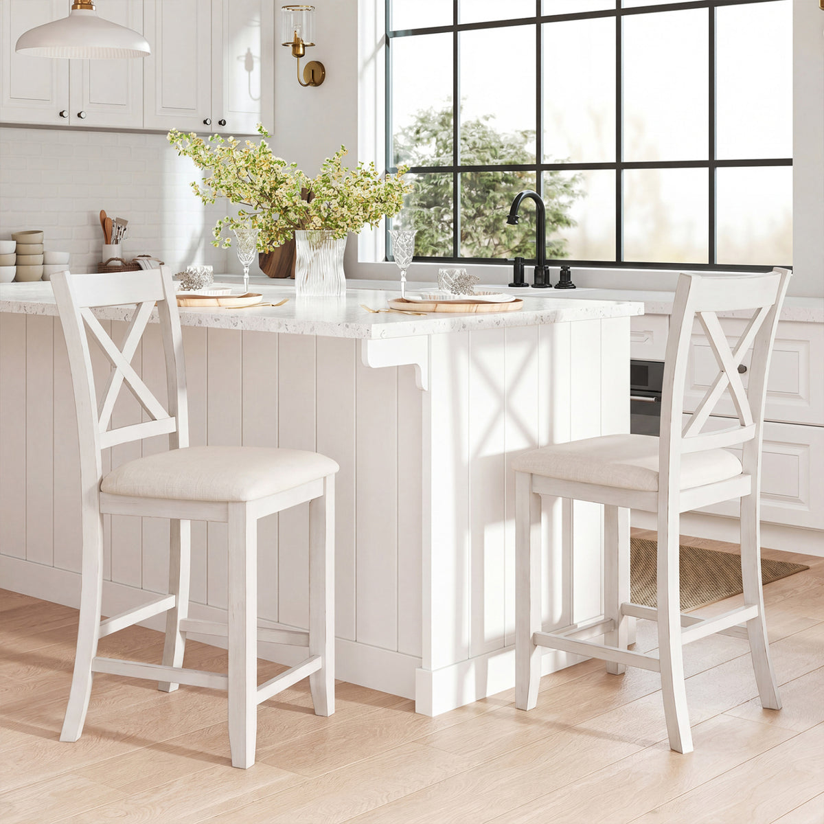 Modern Farmhouse Counter Height Stools with Footrest and Cushion-White view 2