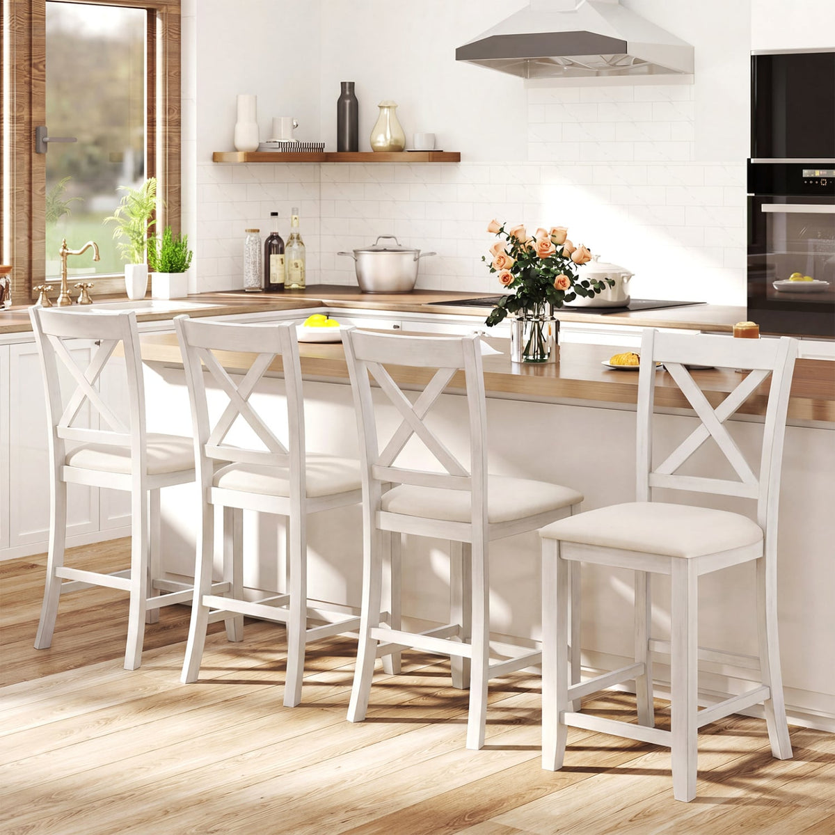 Modern Farmhouse Counter Height Stools with Footrest and Cushion-White view 5