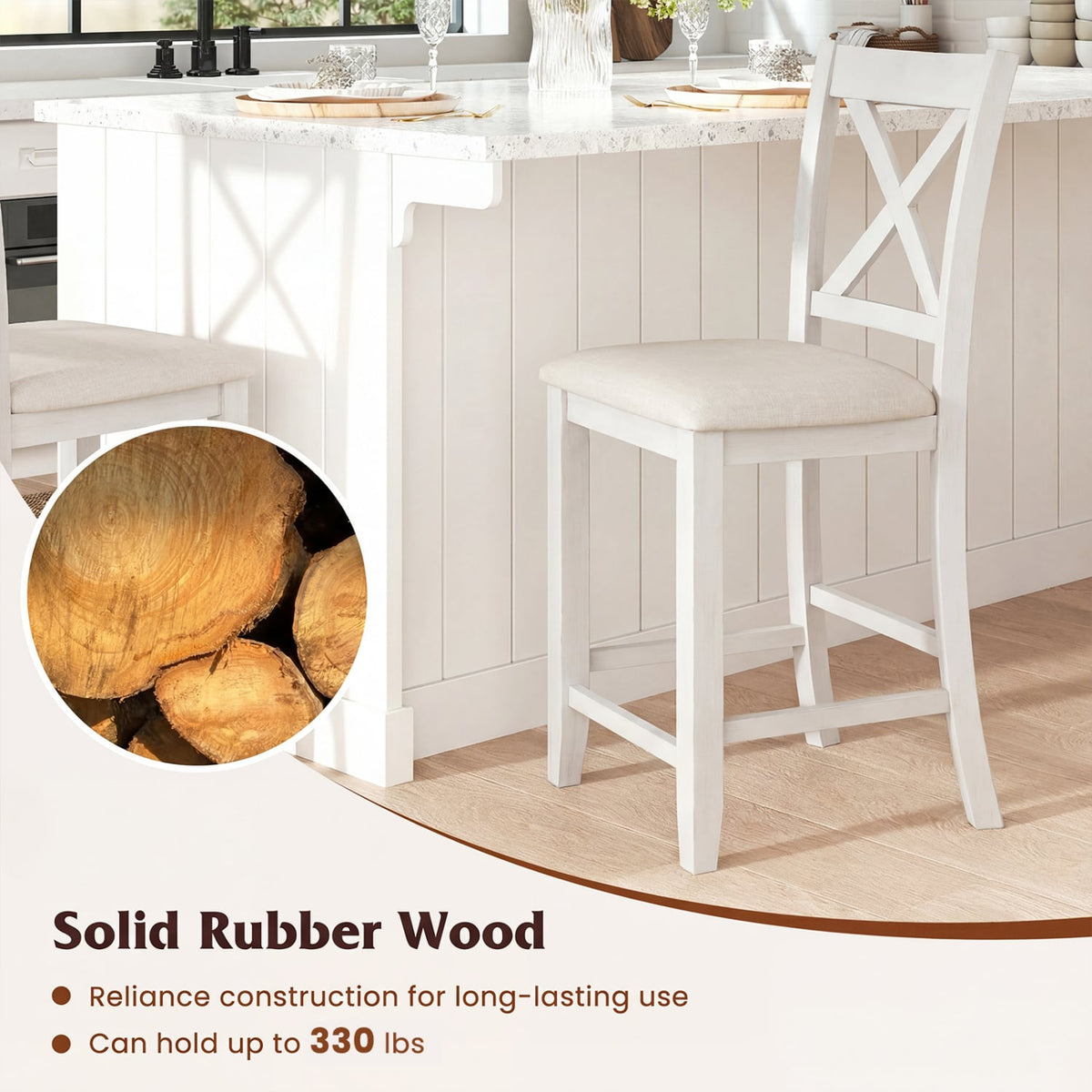 Modern Farmhouse Counter Height Stools with Footrest and Cushion-White view 6