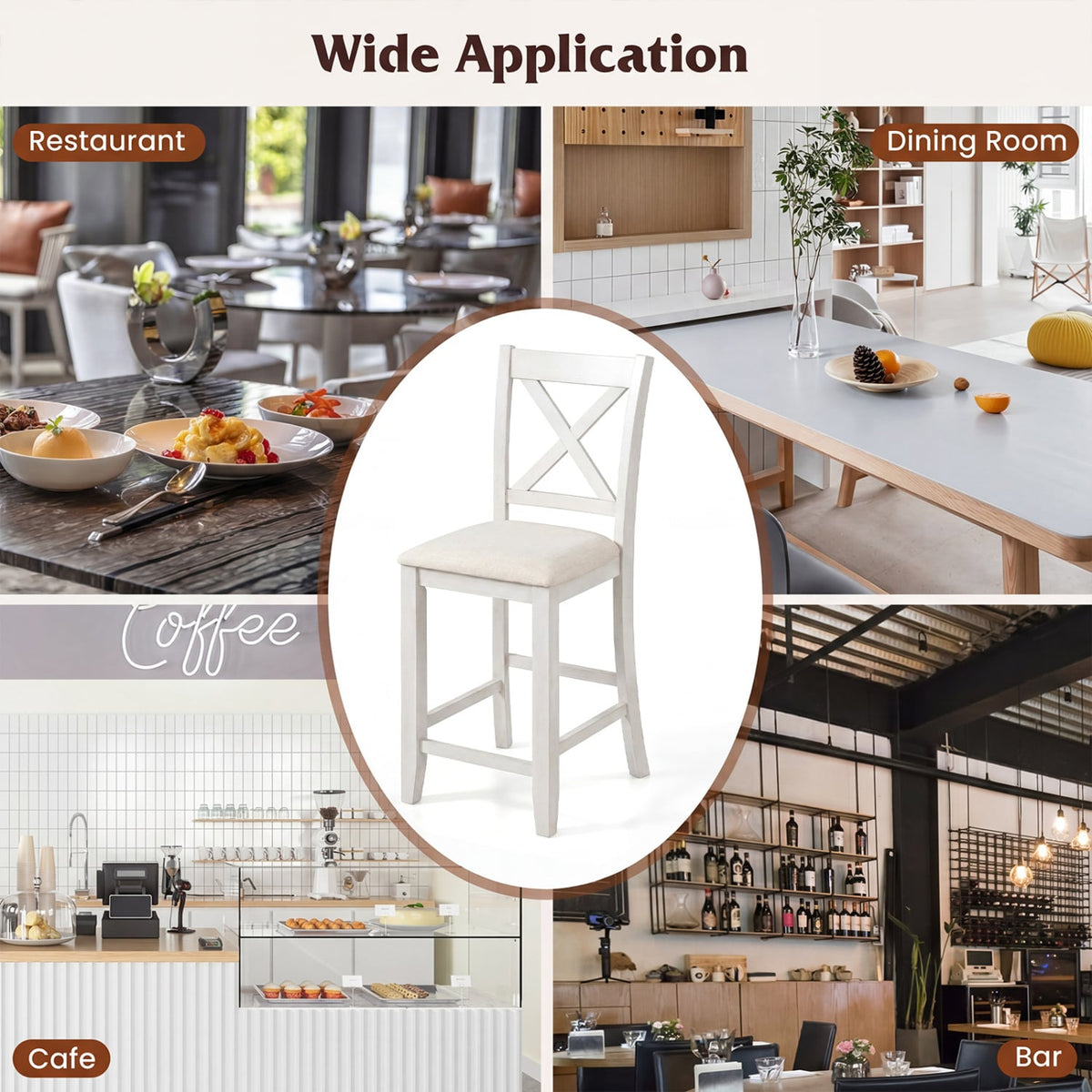 Modern Farmhouse Counter Height Stools with Footrest and Cushion-White view 9