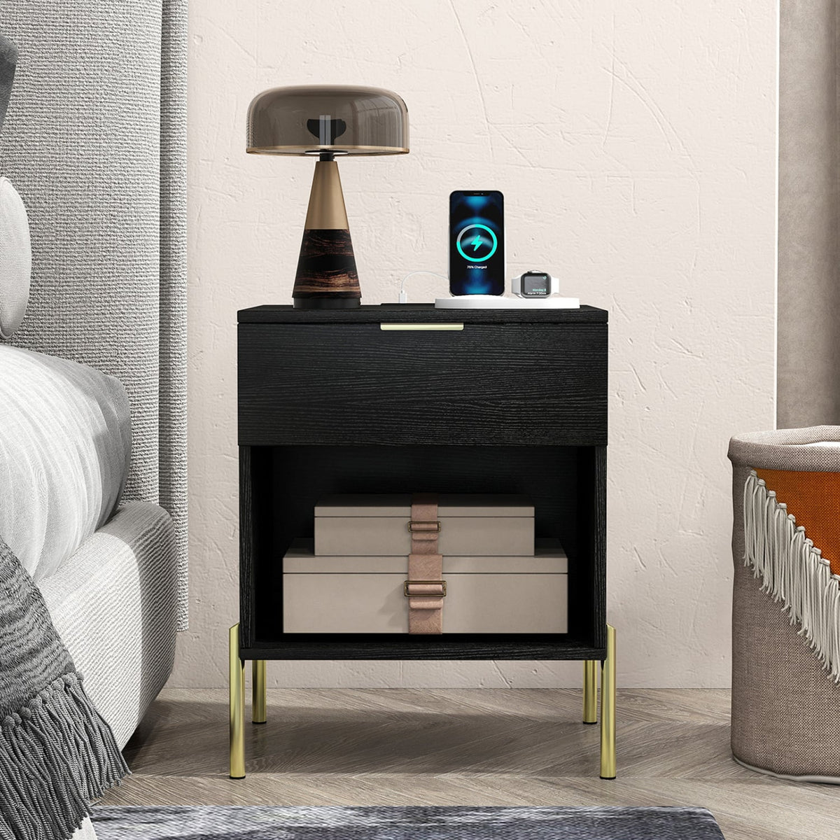 Modern Nightstand with Charging Station-Black view 2