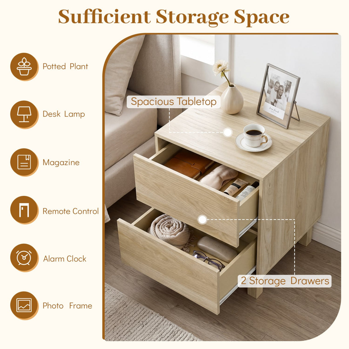Modern WoodenEnd Table with 2 Storage Drawers-Natural view 6
